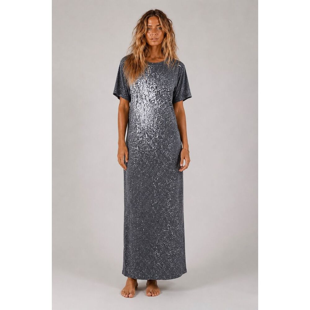 IRO Jeans Lina Gray Galaxy Print Maxi Dress Short Sleeve Crew Neck Portugal Size